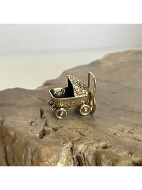 VTG Gold Washed 3D Articulating Sterling Silver 925 Baby Carriage Pram Charm